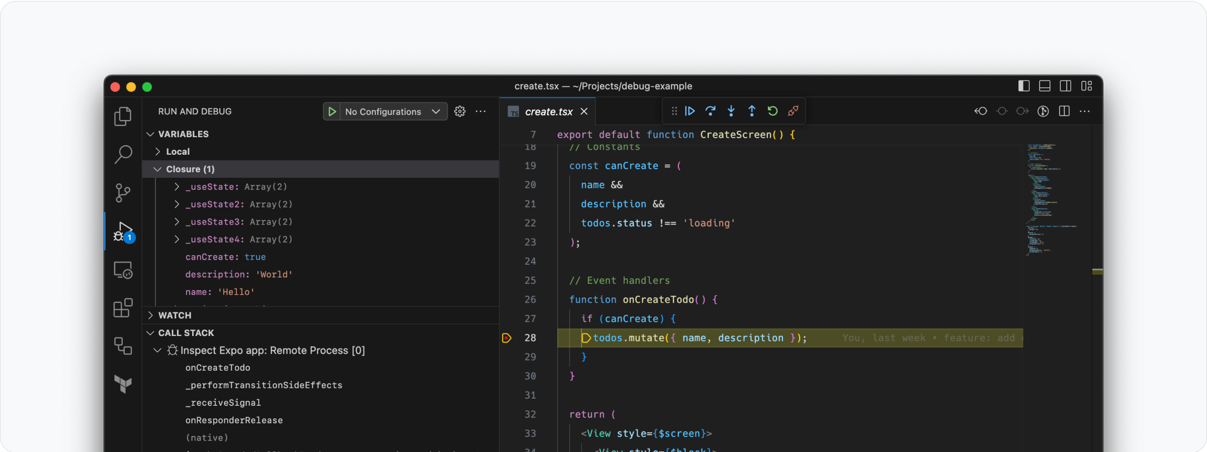 VS Code debugging an Expo project